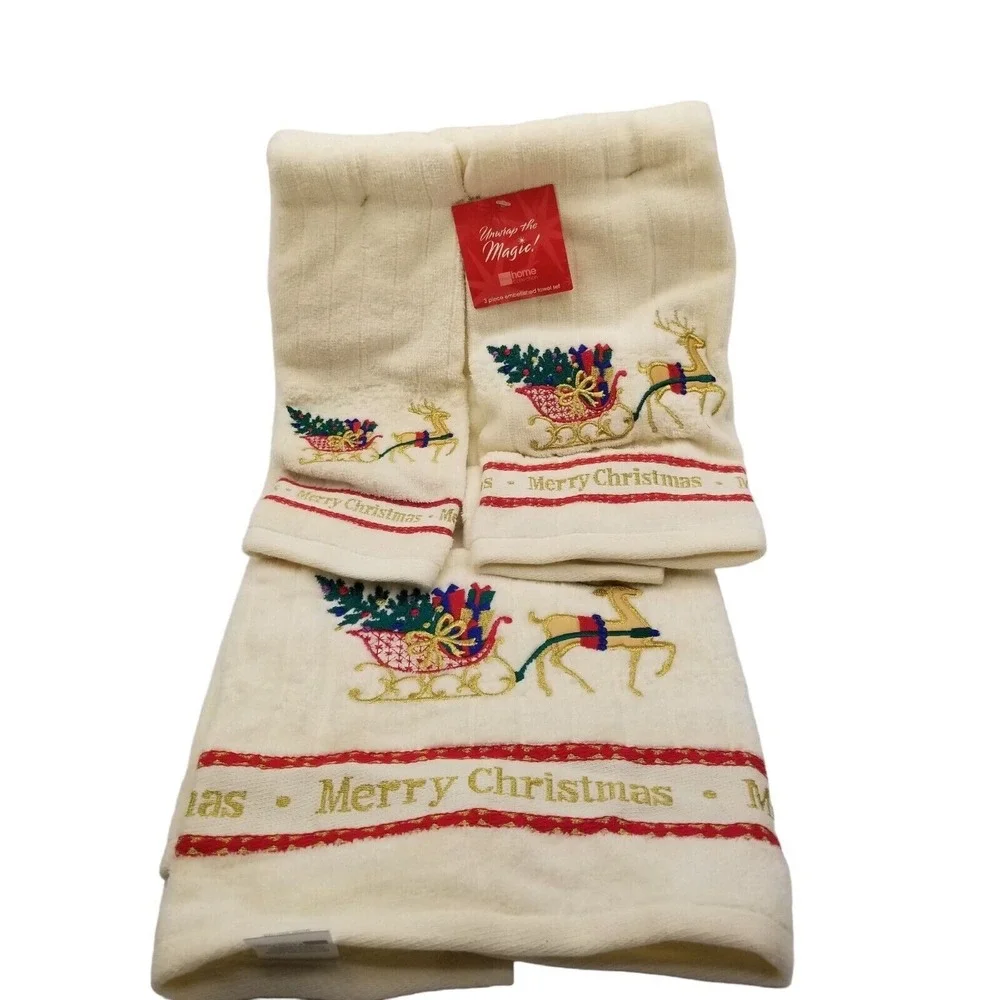 Home Collection Towel Set Unisex OS Vintage Christmas Beige Reindeer Sleigh 3pc